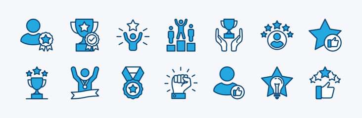 Set of exceptional icon vector. Containing winner, achievement, experience, satisfaction, performance, award, rating, trophy, medal, service, sensational, success. Illustration