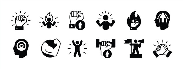 Willpower icon vector set. Containing motivation, confident, human energy, determination, ambition, strong, leadership, hand power, together, spirit, passion. Illustration