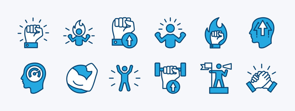 Set of willpower icon vector. Containing motivation, confident, human energy, determination, ambition, strong, leadership, hand power, together, spirit, passion. Illustration