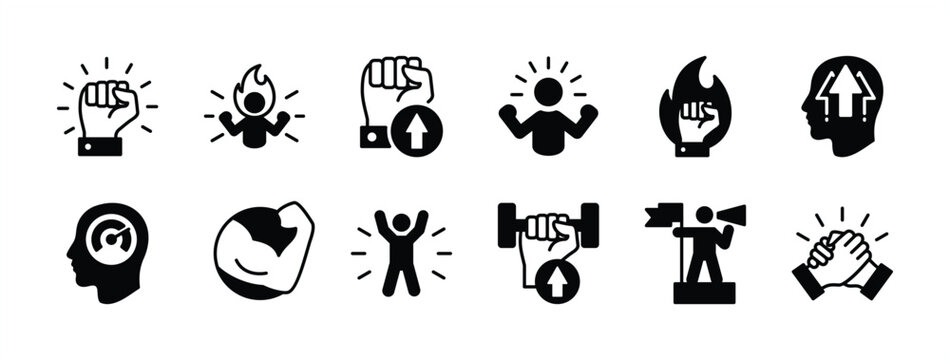 Willpower icon vector set. Containing motivation, confident, human energy, determination, ambition, strong, leadership, hand power, together, spirit, passion. Illustration