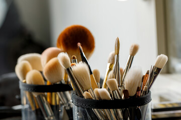 Makeup brushes in a leather pouch, various sizes and shapes, ready for use. A mix of bristles...
