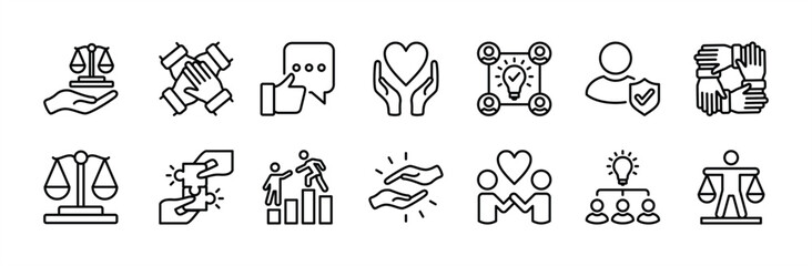 Integrity icon set. Containing behavior, action, trust, accurateness, honesty, truth, scale, help, human relationships, unity, sincere, trustworthy, responsible, consistent. Vector illustration