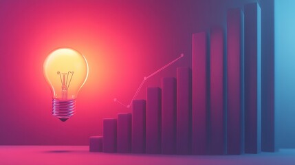 Coin and Light bulb shining over a graph, idea and business growth, 3D illustration.