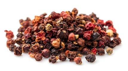 Pile of colorful dried peppercorns on a white backdrop ready for culinary use