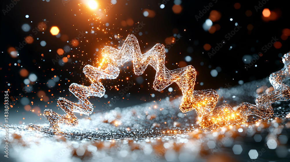 Poster abstract image of glowing wireframe structures possibly representing dna or a similar concept. suita