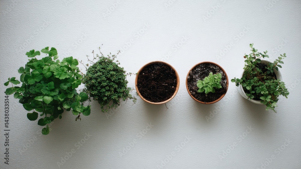 Poster an assortment of potted indoor greenery is artistically arranged on a light surface against a plain 