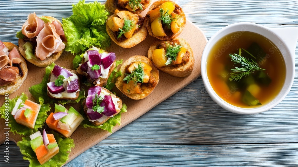 Poster an overhead view presents an array of vibrant open-faced sandwiches alongside a bowl of vegetable br