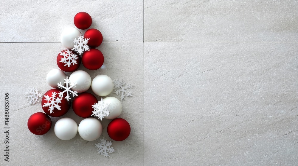 Leinwandbilder Decorative red and white spheres and snowflakes are arranged in a Christmas tree shape on a light surface, creating a cheerful holiday display with empty space for text