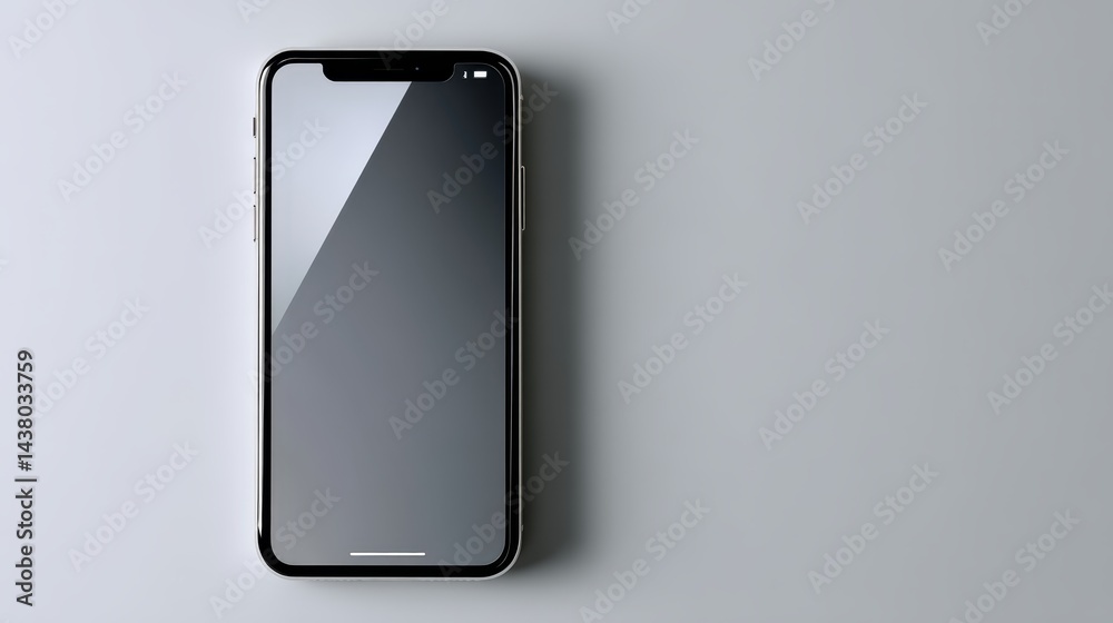 Poster Overhead view of a sleek smartphone with a graphite-gray screen, reflecting soft studio lighting, offering ample space for text on the left side of the composition