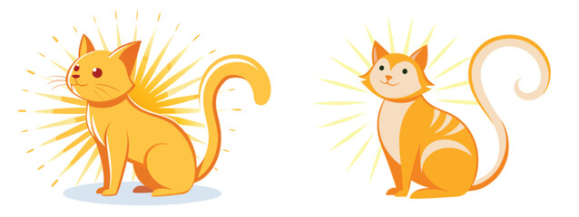  cute cat arching its back in a sunbeam, with soft, glowing vector lines.