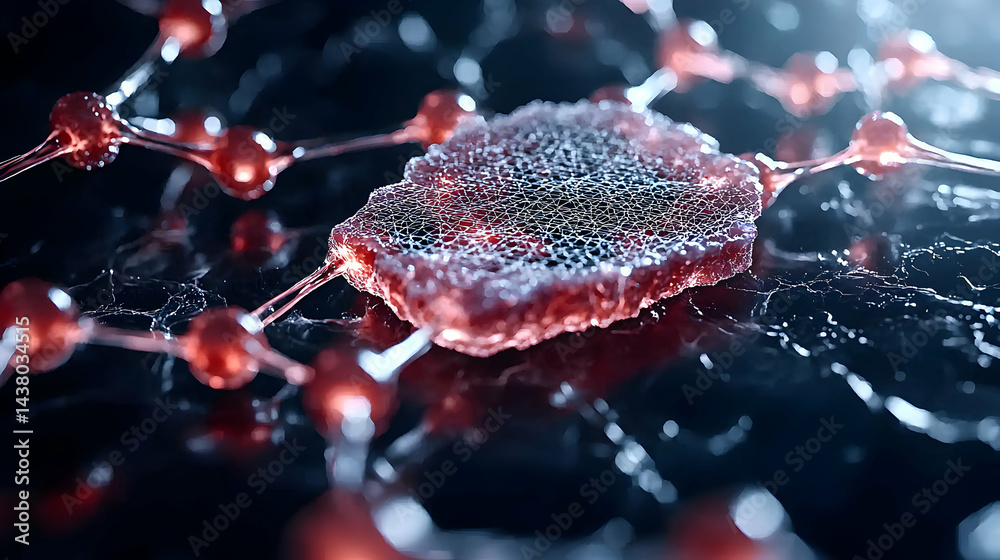 Poster a macro image shows a network of interconnected red structures resembling cells or neurons. suitable