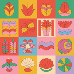 Fototapeta premium Colorful Abstract Nature Icons | Retro Botanical & Marine Flat Illustrations