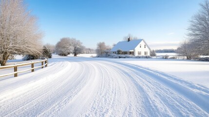 Snowy Road White Farmhouse Winter Scene High Resolution Panoramic View Snow Drifts Winding Path Rural Setting Bright Sunny Mood Ideal for Winter Vacation Ads