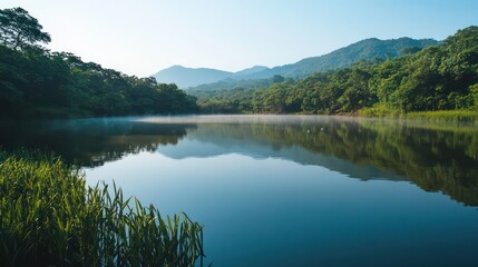 Tranquil lake reflecting lush mountains under morning mist