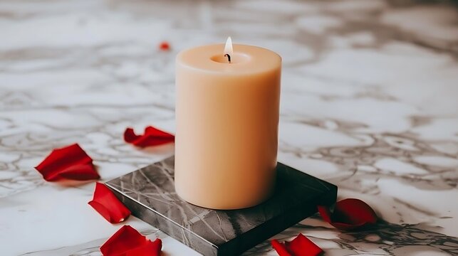 Elegant ivory candle radiating warmth with delicate rose petals on marble backdrop