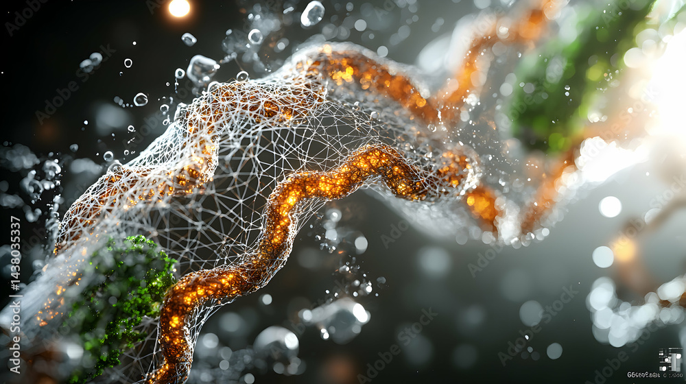 Poster a detailed artistic rendering of a biological structure enveloped in a delicate network. could illus