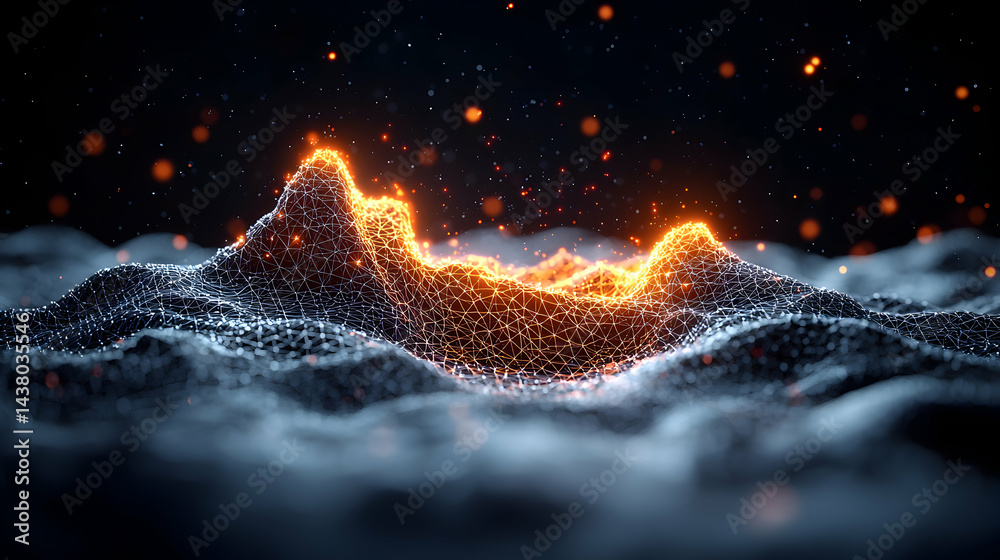 Poster abstract digital art with glowing lines creating a mountain-like landscape. could be used as a tech 