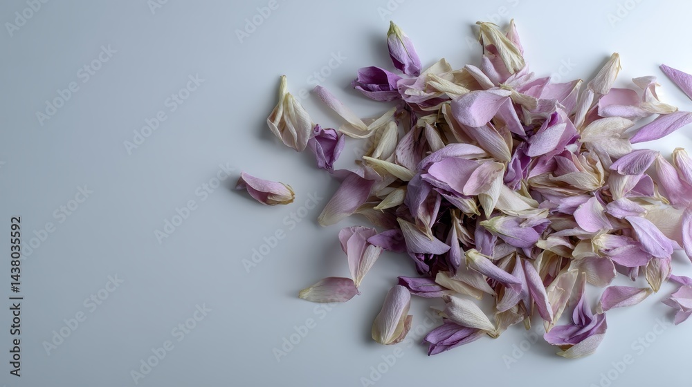Poster delicate rose-colored floral leaflets are beautifully scattered on a smooth surface, creating an ele