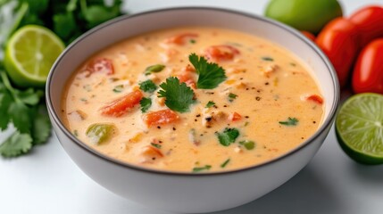 A creamy bowl of soup garnished with fresh cilantro, surrounded by vibrant limes and tomatoes, close-up shot on a light background, and healthy meal concept.
