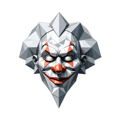 Geometric clown mask design showcasing vivid facial features with a playful yet eerie expression