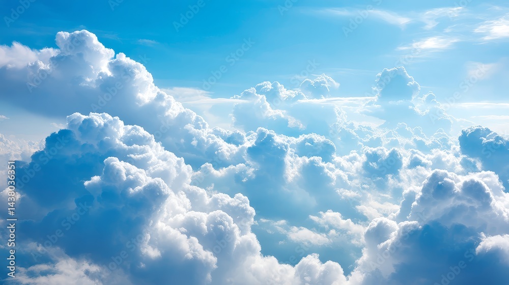 Aufkleber Cumulus clouds float softly across a bright blue sky, creating a tranquil atmosphere. The layout offers generous copy space on the left for added text or designs