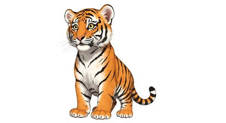 Obraz premium Cartoon Tiger Cub Sitting and Looking Upward on White