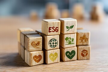 wooden cubes with icon ESG and finance for ESG environment social governance investment business concept and sustainable organizational development for society, and corporate governance