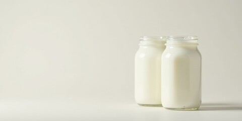 Two Glass Bottles Filled with Creamy Dairy Product on a White Background
