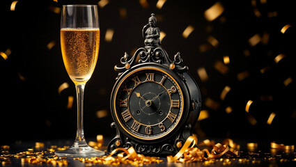 A festive new year scene with champagne glass and ornate clock on a dark background with confetti created with generated ai