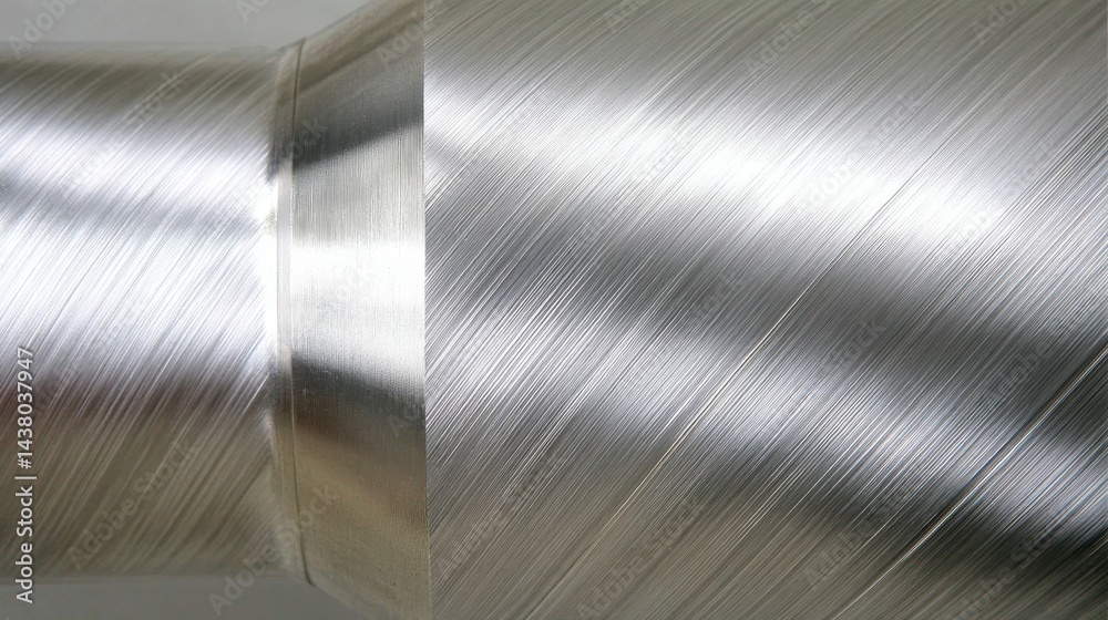 Poster Detailed close-up of a brushed silver metal surface, showcasing linear grain patterns and soft reflections to emphasize its industrial design and finish