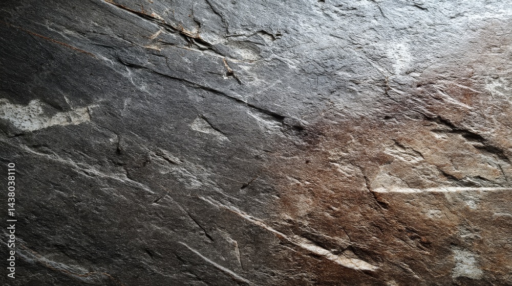 Aufkleber Close-up view of a heavily weathered dark concrete wall highlighting deep scratches and cracks, ideal for creating a moody industrial aesthetic in design