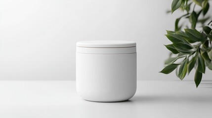 A white ceramic jar with lid sitting on a clean minimalist surface, accompanied by a green leafy plant, and representing simplicity and modern home decor.