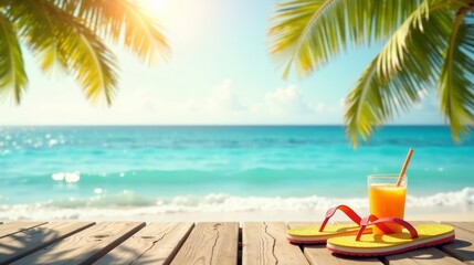 Fototapeta premium Tropical Getaway Refreshing Drink and Flip-Flops Await on a Sunny Beach Deck