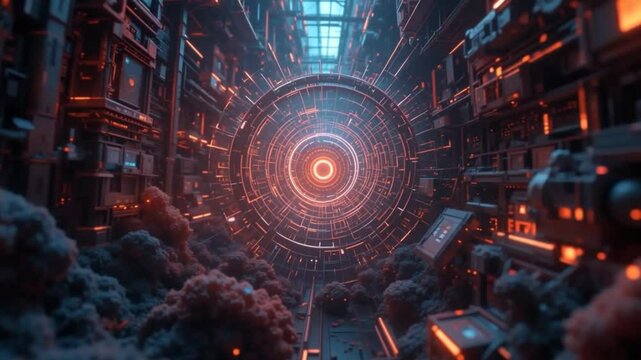 Navigating Futuristic Data Stream Through Complex Sci-Fi Tunnel