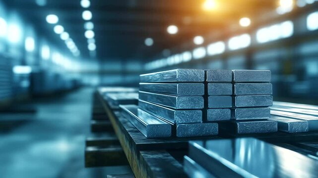 Neatly stacked beryllium ingots with a matte silver-gray surface, arranged on a metal pallet under bright factory lighting. Industrial backdrop shows high-tech alloy production.
