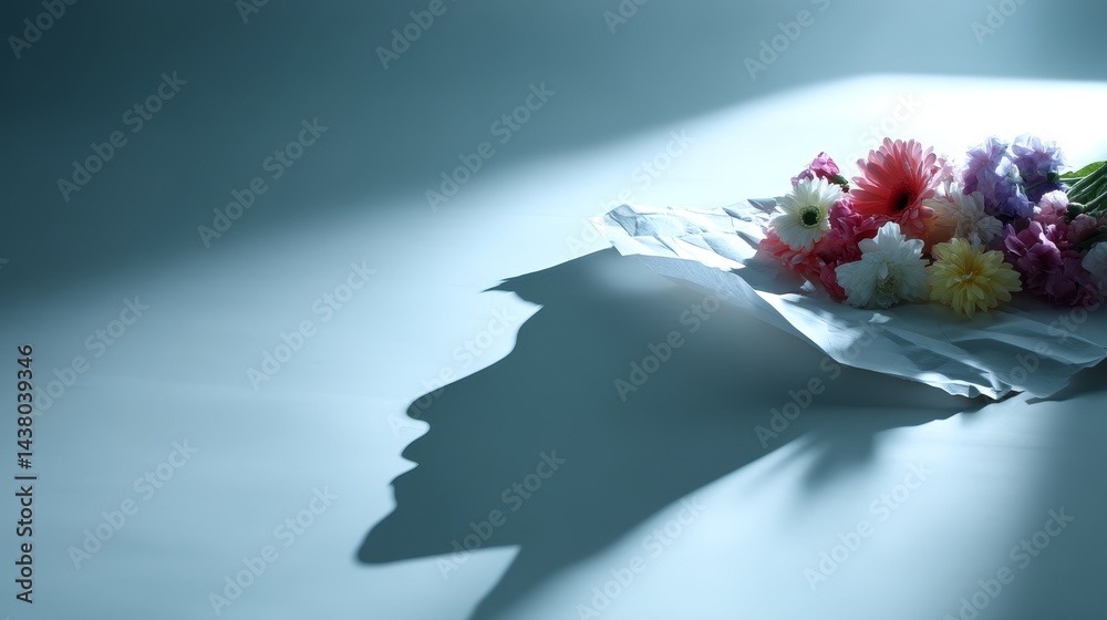 Poster a paper-cut profile rests softly on a light surface, filled with vibrant flowers, showcasing themes 