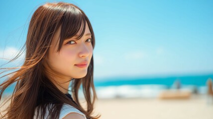Naklejka premium 海の背景と美女のポートレート