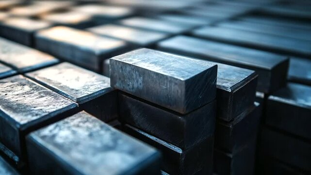 Close-up of precision-cast beryllium metal bars stacked tightly in rows, edges clean and uniform, set in a sterile laboratory warehouse.