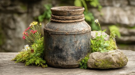 Naklejka premium Rustic Dark Brown Clay Pot with Wildflowers and Mossy Rocks on Weathered Wood