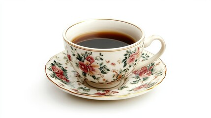 Obraz premium Elegant Floral Teacup Filled with Dark Brown Tea on Saucer White Background Perfect for Vintage Designs Romantic Illustrations Tea Time Concepts and 