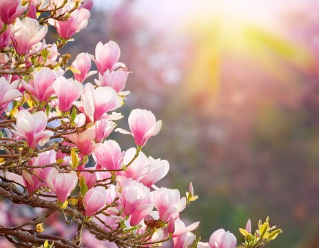 magnolia tree blossom in springtime tender pink flowers bathing in sunlight warm april weather and beautiful sunshine close up of panorama spring background with copy space
