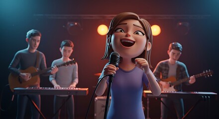 Female Singer Performing on Stage with Musical Band Illustration