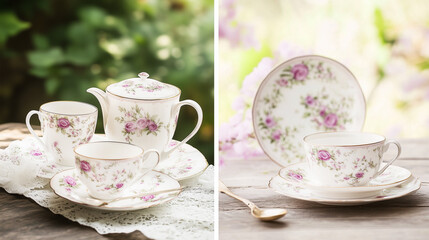 Fototapeta premium Elegant afternoon tea set with floral porcelain