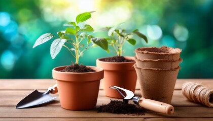 Fototapeta premium gardening tools and seedlings in terracotta pots on a wooden surface with soft background