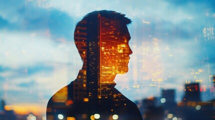 Double exposure of business theme hologram drawing and city veiw background. Concept of success. 