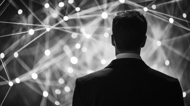 Businessman overseeing network administration, demonstrating analytical thinking and troubleshooting skills, with a comprehensive understanding of networking protocols 