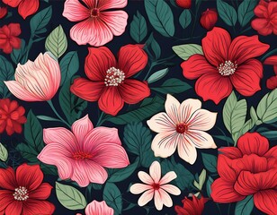 vibrant floral pattern design with red and pink flowers featuring green leaves on dark background for fabric or wallpaper