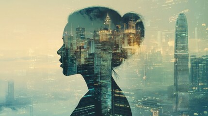 Double exposure of business theme hologram drawing and city veiw background. Concept of success. 