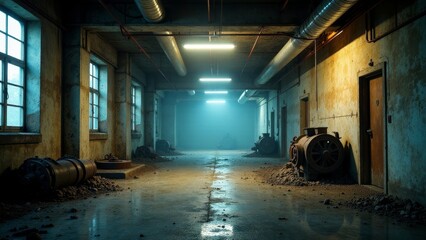An Atmospheric View of a Derelict Industrial Corridor with Rusting Machinery and Debris