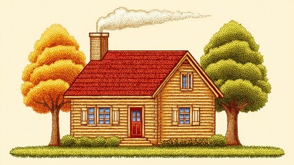 Rustic Wooden Cabin Illustration with Autumn Trees